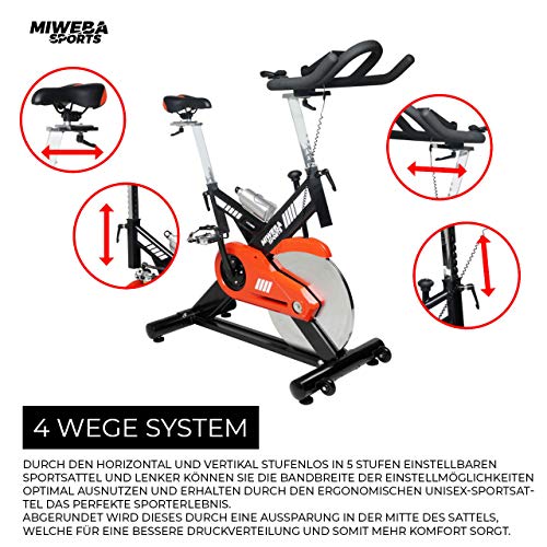 Miweba Sports Profi Indoor Cycling Bike MS400 Ergometer Heimtrainer - App-Steuerung - 22 Kg Schwungmasse - Pulsgurt - 8