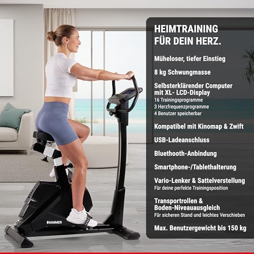 HAMMER Ergometer Varon XTR II, Fitnessbike, Heimtrainer für Zuhause mit tiefem Einstieg, XL-Display, 16 Trainingsprogramme, Bluetooth Anbindung, kompatibel mit Kinomap & Zwift - 2