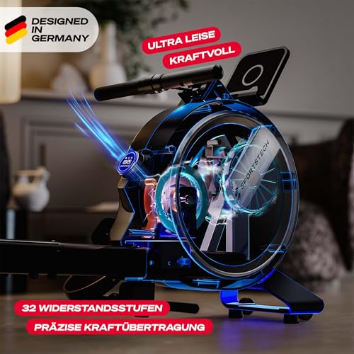 Sportstech PROwer Rudergerät für Zuhause, 32 Stufen Magnetwiderstand, LED Display, Dual Slide Rail, Bluetooth App kompatibel, leise, Ganzkörpertraining, Tablethalterung, vertikal verstaubar - 3