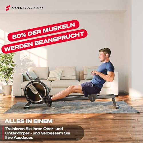 Sportstech PROwer Rudergerät für Zuhause, 32 Stufen Magnetwiderstand, LED Display, Dual Slide Rail, Bluetooth App kompatibel, leise, Ganzkörpertraining, Tablethalterung, vertikal verstaubar - 8