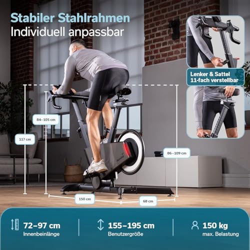 Skandika Spinning Bike Indoor Kliva 800-S | Heimtrainer Fahrrad SMART mit LED, Steigung in 16 Stufen, Magnetbremse mit 32 Stufen, 3 Programme, Bluetooth Kinomap App kompatibel, bis 150 kg, Speedbike - 7