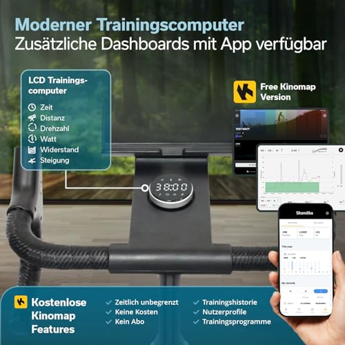 Skandika Spinning Bike Indoor Kliva 500-S | Heimtrainer Fahrrad SMART mit LED, Steigung in 16 Stufen, Magnetbremse mit 32 Stufen, 3 Programme, Bluetooth Kinomap App kompatibel, bis 150 kg, Speedbike - 5