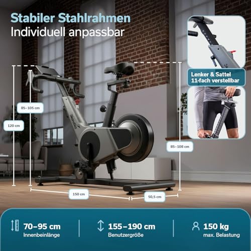 Skandika Spinning Bike Indoor Kliva 500-S | Heimtrainer Fahrrad SMART mit LED, Steigung in 16 Stufen, Magnetbremse mit 32 Stufen, 3 Programme, Bluetooth Kinomap App kompatibel, bis 150 kg, Speedbike - 7