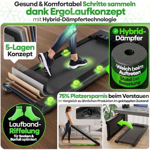 NEU Tretmann Walking Pad mit Steigung klappbar – extra leise [LongLife Laufdeck] mit App bis 150 kg belastbar | Patent EMS-Filter | Walking Pad leise Laufband für Zuhause klappbar Walkingpad 150 kg - 4