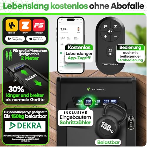 NEU Tretmann Walking Pad mit Steigung klappbar – extra leise [LongLife Laufdeck] mit App bis 150 kg belastbar | Patent EMS-Filter | Walking Pad leise Laufband für Zuhause klappbar Walkingpad 150 kg - 6