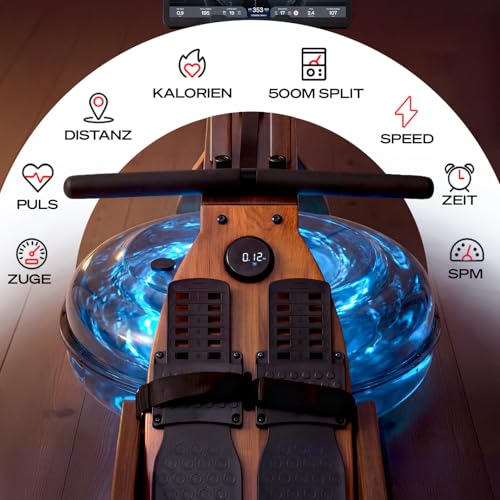 Rudergerät für Zuhause mit Wasser- oder Magnetwiderstand, bis 150 kg, LED-Display, App kompatibel, Dual Slide Rail, leise, ergonomischer Sitz, Ganzkörpertraining, vertikal verstaubar, PROwer/WRX500 - 2