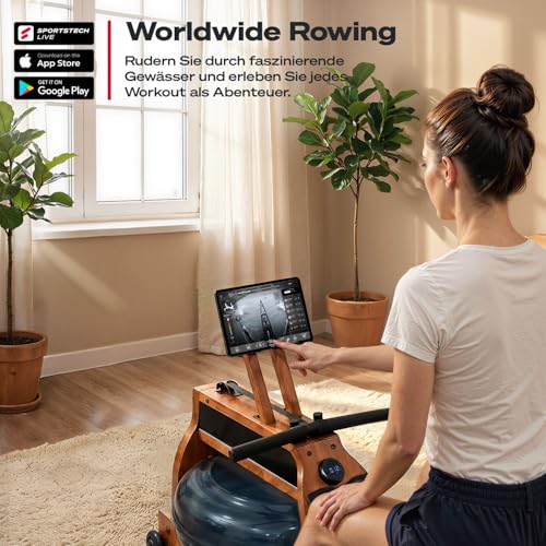 Rudergerät für Zuhause mit Wasser- oder Magnetwiderstand, bis 150 kg, LED-Display, App kompatibel, Dual Slide Rail, leise, ergonomischer Sitz, Ganzkörpertraining, vertikal verstaubar, PROwer/WRX500 - 7