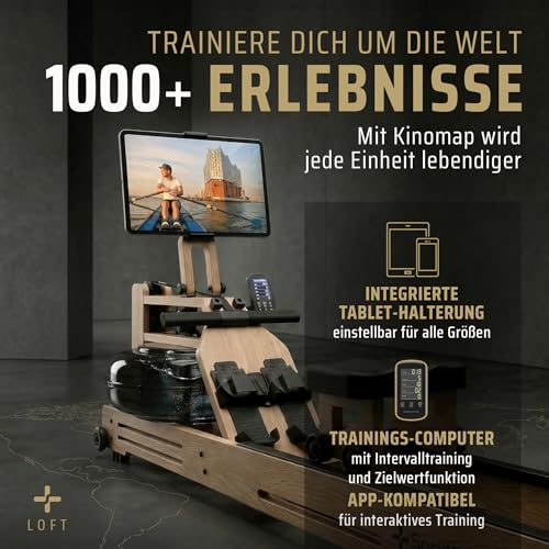 SportPlus Rudergerät für Zuhause Wasser - Wasserrudergerät Designed in Germany - Rudergerät Wasser klappbar Robustes Eichenholz - Premium Rudermaschine Holz bis 150 kg & 200 cm - 6