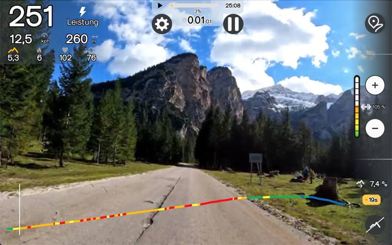 Das Bild zeigt eine Radstrecke in den Bergen mit der Kinomap App.