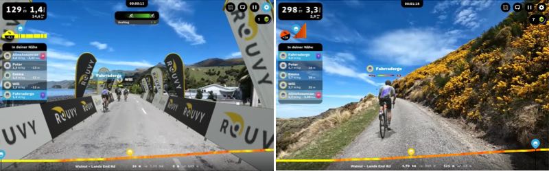 Die Bilder zeigen eine Streckenansicht mit virtuellem Fahrer bei Rouvy