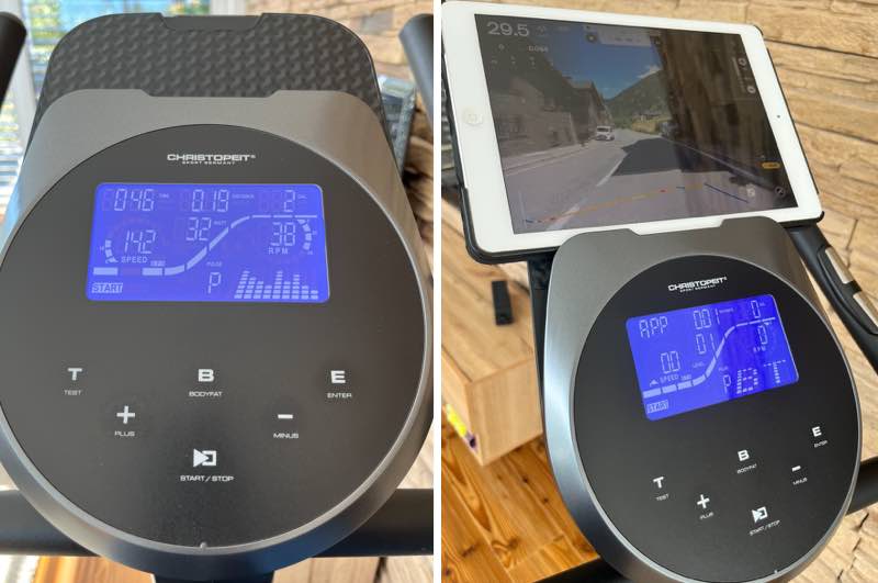 Trainingscomputer mit Display, Bedientasten und Tablet. Links: Trainingscomputer mit Display und Bedientasten. Rechts: Trainingscomputer mit Tablet.