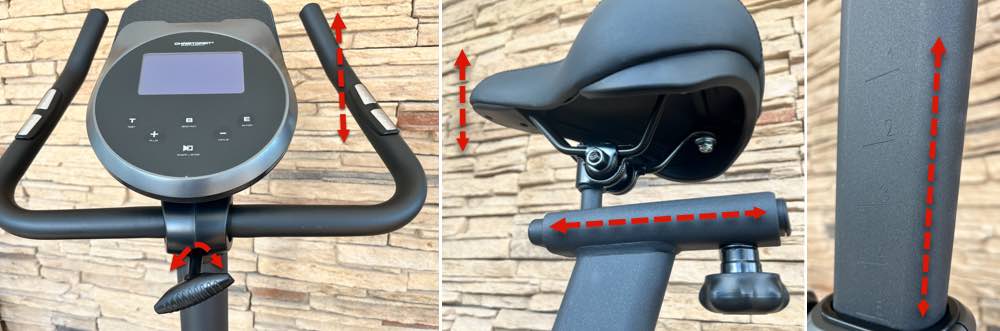 Einstellmöglichkeiten von Lenker, Sattelhöhe, Sattelabstand und Neigung Das Bild zeigt wie Lenker, Sattelhöhe, Abstand und Neigung eingestellt werden können.